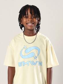 SUMWON Camiseta gráfica con logo SMWN, diseño de marca contemporánea moderna de comodidad diaria, estampado de estrella, manga corta, cuello redondo, estilo casual juvenil de moda urbana para el verano