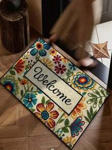 SHEIN (19.68*31.49in/15.74*23.62in) Floral Pattern Welcome Doormat - Non-Slip, Waterproof & Machine Washable Polyester Rug For High Traffic Areas, Indoor/Outdoor Decor - Perfect New Year Celebrations