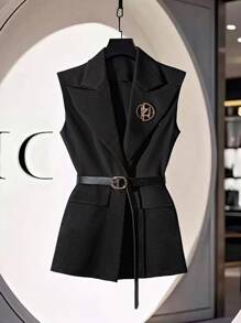 Franclia Women's Professional High-End Black Blazer Vest With Belt For Office/Work Clothes For University - Black - View 3