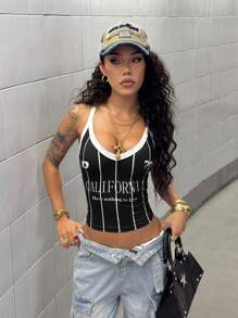 StreetHx Áo ba lỗ in họa tiết sọc và viền tương phản dành cho nữ - màu đen - Xem 4