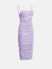 SHEIN Vestido de tirantes morado ajustado y elegante con cuentas para niñas preadolescentes - Púrpura malva - Ver 3