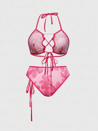 ROMWE Avant Ensemble de lingerie sexy pour femmes à nouer, style vacances de printemps/été, motif hibiscus en maille transparente