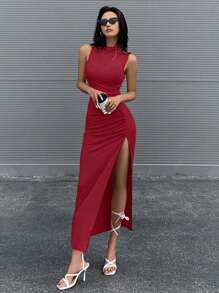 SHEIN Unity Vestido maxi con detalle fruncido y abertura lateral para mujeres, ropa para Año Nuevo - Rosa Roja - Ver 4