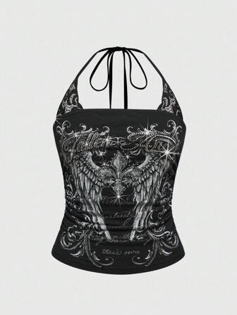 J-Fashion Plus Size Women Y2K Punk Rock Music Festival, Skeleton Print 2 In 1 Lace Patchwork Sleeveless Turtleneck Bodycon Halter Cami Top