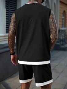 Manfinity Homme Men's Contrast Color Patchwork Round Neck Top And Shorts Casual Set, Holiday - Black - View 2