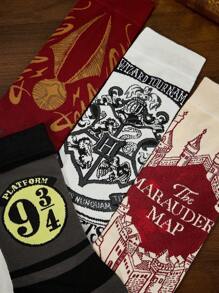 HARRY POTTER X SHEIN 4 Paar weiche und atmungsaktive, feuchtigkeitsableitende Lässig Herren Crew Socken mit modischen schwarz-weißen Crew Socken, verstärkte Zehenpartie und Ferse für Haltbarkeit, Unisex für Herren und Damen, Ganzjahresmodell, alles passend