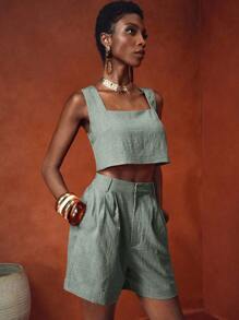 Zivah 2025春夏新款度假休闲优雅母亲节婚礼季音乐节派对夜店无袖方领上衣与纹理纯色短裤两件套-棕色 - 綠色 - 查看 4