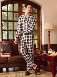 EverLounge Conjunto de pijama estilo retro a cuadros para caballero, de manga larga - Multicolor - Ver 3