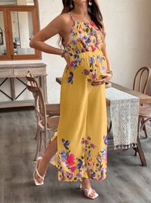 SHEIN 不对称印花长肩带孕妇连体裤 - 黃色 - 查看 4