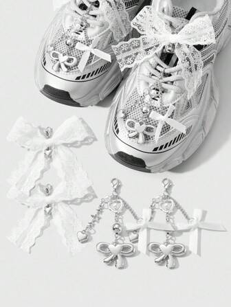 Kawaii 4pcs Elegant Minimalist Versatile High-End Silver Star Chain, CCB Heart & Bow, White Lace Bow DIY Shoe Clips Decorations Set, Suitable For Women, Girls, Daily Wear, Holiday Gift