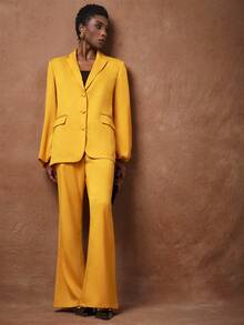 Zivah [2025 春夏] 优雅西装套装，适合商务、休闲、度假穿着 - 包含灯笼袖、口袋和喇叭裤的西装外套，适合生日派对、日常穿搭、秋冬通勤 - 黃色 - 查看 6