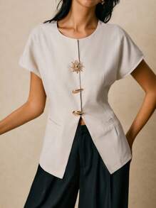 Poéselle Women's Round Neck Short Sleeve Linen Fabric Metal Button Decorated Blouse - Apricot - View 4