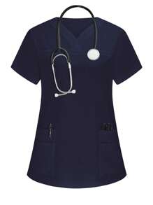 PopScrub Women Short Sleeve Double Pocket Nurse Blouse, Scrub Top