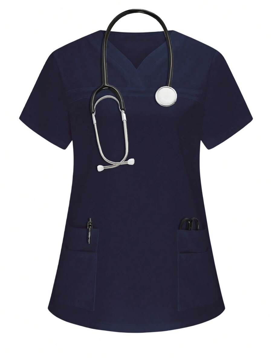 PopScrub Women Short Sleeve Double Pocket Nurse Blouse, Scrub Top