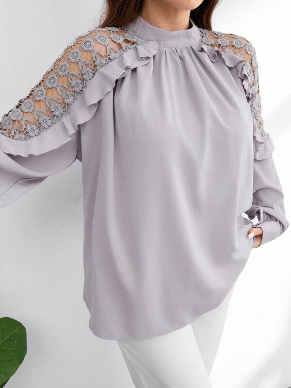 Modelyn Rüschen Spitzen Schulter enthüllende sexy Luxus Prominenten Mode Bluse für Damen in Große Größen