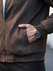 Manfinity Homme Men's Long Sleeve Casual Suede Zipper Front Casual Brown Bomber Jacket Fleece - Khaki - View 7