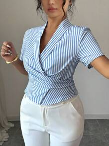 Elenzga Elegant Summer Shirt With Woven Stripes For Plus-Size Women - Blue and White - View 6