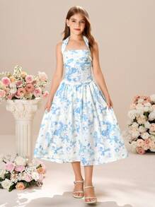 Tween Girls' Floral Pattern Elegant Holiday Halter Dress - Baby Blue - View 3