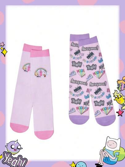 Adventure Time X ROMWE 2 Pairs Of Cute & Fashion Cartoon Pattern Women Crew Socks