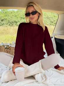 EURMUSE Women Solid Color Mock Neck Raglan Sleeves Sweater - Burgundy - View 6