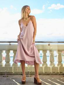 Aralina 蕾丝边吊带缎面宽松优雅长裙 - 淺粉色 - 查看 7