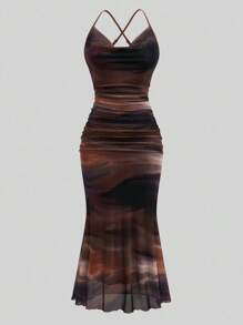 Sunspun 大码休闲浪漫连衣裙（带罩衫），两件套 - 卡其色 - 查看 14