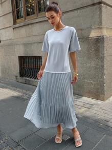 DAZY Women's Mesh Patchwork Loose Straight Casual Short Sleeve Summer Vacation Dress Women Pleated Summer Modest Dress Maxi Dress - White - View 2
