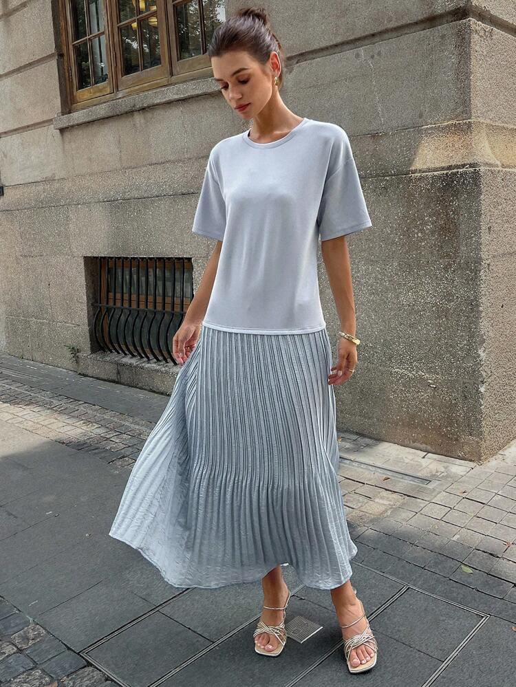 Women's Mesh Patchwork Loose Straight Casual Short Sleeve Summer Vacation Dress Women Pleated Summer Modest Dress Maxi Dress