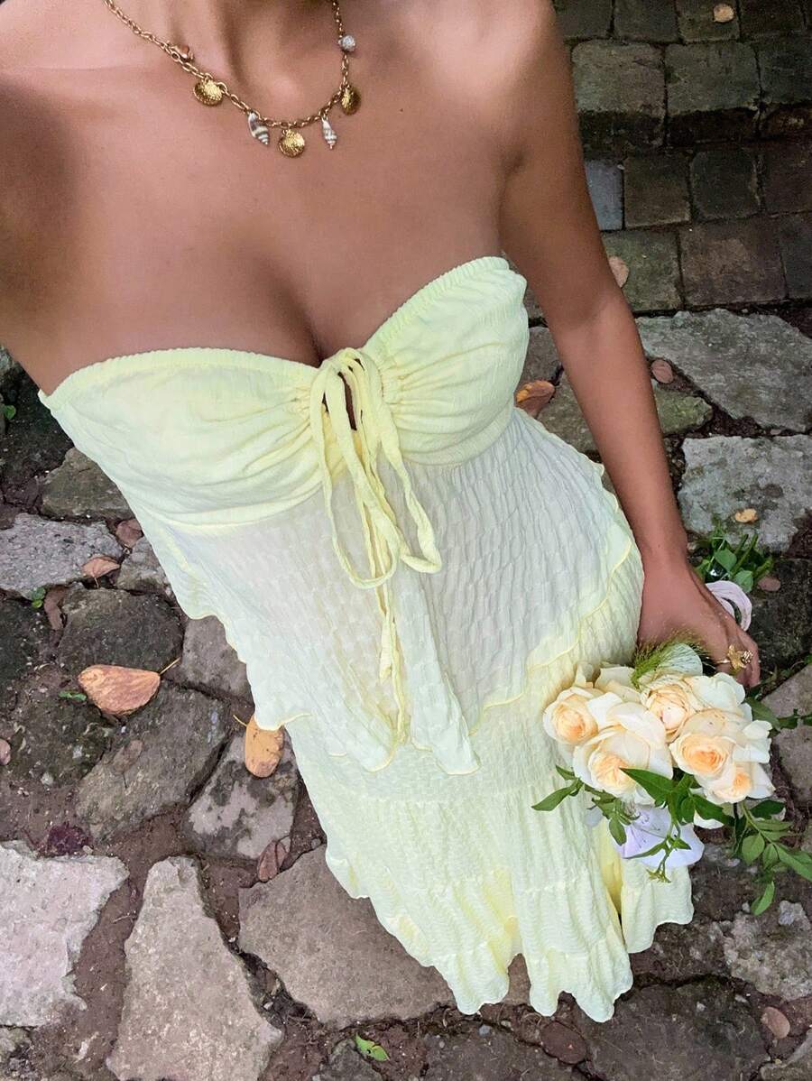 Lyxana Women's Tie Front Halter Top And Flowy Skirt Vacation Fashion Set - Yellow - View 1