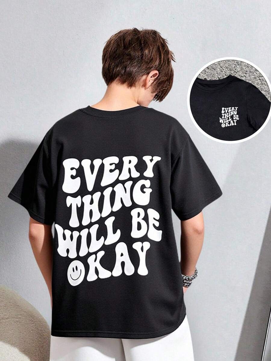 Áo thun cổ tròn tay ngắn in hình mặt và chữ Tween Boy Casual Minimalist Casual, thoải mái, mùa hè - màu đen - Xem 1