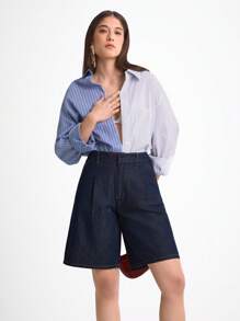 Daynim Women's Casual Commuter Bermuda Denim Shorts Loose Wide Leg - Dark Wash - View 1