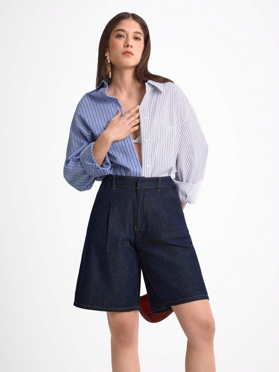 Daynim Women's Casual Commuter Bermuda Denim Shorts Loose Wide Leg - Dark Wash - View 1