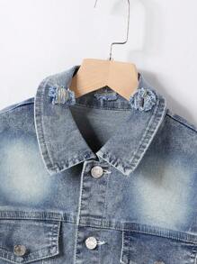 1 Set Tween Boy Retro Distressed Denim Jacket & Light Blue Jeans Suit,Comfortable Back-To-School School Casual Chic Outfits For Autumn/Winter Fall - Light Wash - View 6