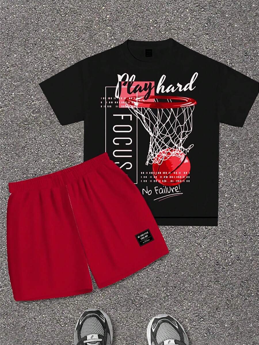 SHEIN Leap Crew Bộ 2 áo thun tay ngắn cổ tròn họa tiết bóng rổ đơn giản cho bé trai tuổi teen, trang phục mùa hè - Màu Đỏ Sâu - Xem 1