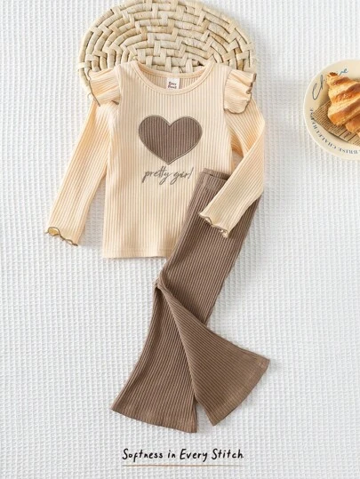 Cozy Pixies 2pcs Baby Girl Heart Pattern Knitted Soft Round Neck Ruffle Trim Long Sleeve Pullover Top And Elastic Waist Flared Pants Set Baby Girl Bell Bottom Outfit Beige Baby Girl Clothes Brown Baby Girl Outfit Baby Girl Clothes Baby Girl Fall Outfit Mocha Baby Clothes Baby Girl Ribbed Outfit Baby Girl Two Piece Outfit Baby Bell Bottom Outfit Winter