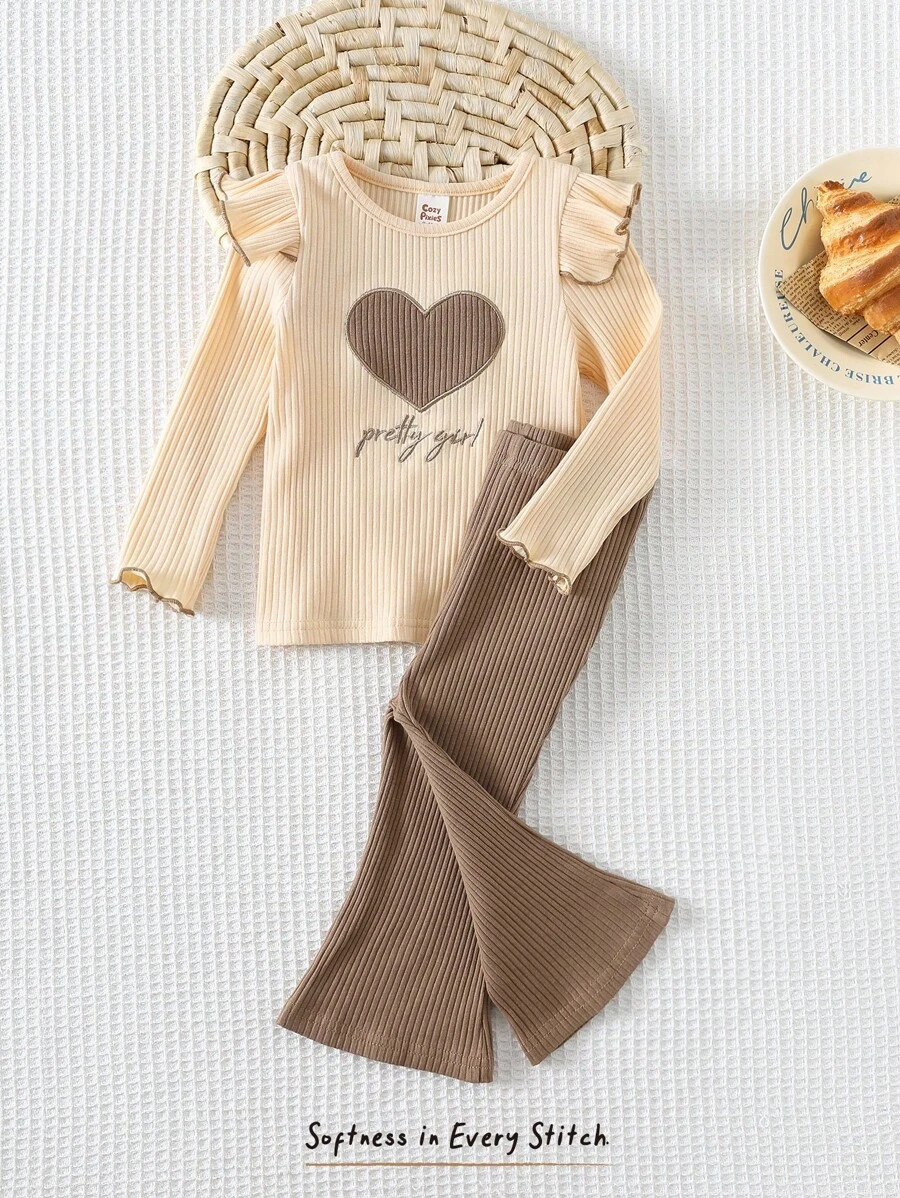 Cozy Pixies 2pcs Baby Girl Heart Pattern Knitted Soft Round Neck Ruffle Trim Long Sleeve Pullover Top And Elastic Waist Flared Pants Set Baby Girl Bell Bottom Outfit Beige Baby Girl Clothes Brown Baby Girl Outfit Baby Girl Clothes Baby Girl Fall Outfit Mocha Baby Clothes Baby Girl Ribbed Outfit Baby Girl Two Piece Outfit Baby Bell Bottom Outfit Winter - Multicolor - View 1