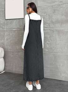 EURMUSE WOMEN LONG DENIM DRESS POCKET DETAILED - Dark Grey - View 2
