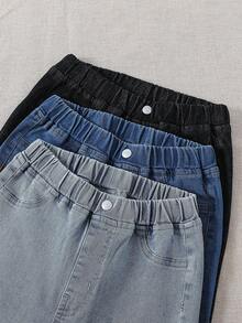 SHEIN 3件套TWEEN GIRLS牛仔裤，高弹柔软牛仔面料，3种颜色，腰部纽扣细节，休闲基本款，百搭版型，适合秋冬季，新款高性价比多件装牛仔裤 - 彩色 - 查看 3