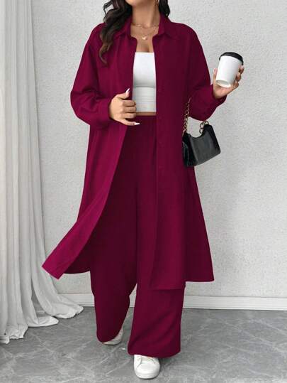 Calvaya 1 Set Plus Size Pleated Texture Collared Long Sleeve Long Shirt & Loose Straight Leg Pants, Casual Outfit For Work Or Outings Two Pieces Set Women Plus Size Pants Suit 2 Pieces Lounge Sets Woman Two Pieces Pants Set Women Women Two Pieces Pants Set Women Suit Set 2 Pieces Casual Sets Woman Plus Size Two Pieces Outfit Plus Size Pant Set Fall Cloth For Women