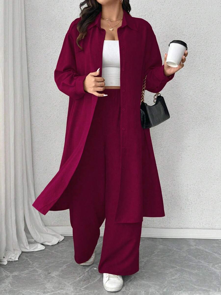 Calvaya 1 Bộ đồ dài tay dài cổ xếp ly cỡ lớn & quần ống đứng rộng rãi, trang phục thường ngày cho công việc hoặc đi chơi Bộ đồ hai mảnh cho nữ cỡ lớn Bộ đồ mặc nhà 2 món Bộ đồ quần hai mảnh cho nữ Bộ đồ quần hai mảnh cho nữ Bộ đồ thường ngày 2 món cho nữ cỡ lớn Bộ đồ quần cỡ lớn - Màu Đỏ Sâu - Xem 1
