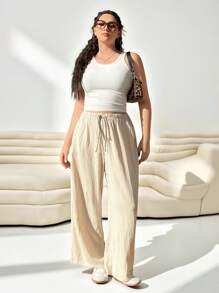 SHEIN EZwear 女款杏色寬腿編織褲，大碼寬鬆版型