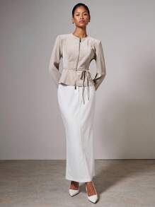 COSMINA Áo khoác lửng thắt lưng da lộn thời trang thu thường ngày cho nữ - Màu Khaki - Xem 7