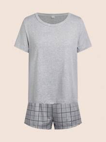 Bộ đồ ngủ áo thun tay ngắn cổ tròn màu trơn cho nữ và quần short kẻ sọc - Xám - Xem 1