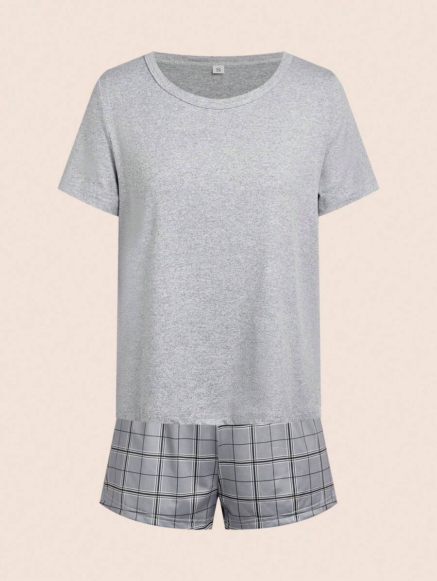 Bộ đồ ngủ áo thun tay ngắn cổ tròn màu trơn cho nữ và quần short kẻ sọc - Xám - Xem 1