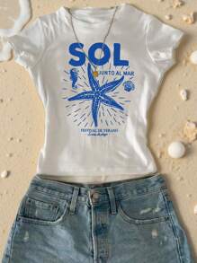 SHEIN 少女休闲时尚创意海星、海马、海洋生物、贝壳主题趣味印花修身短袖白色T恤 女式夏季T恤 女式沙滩T恤 婴儿T恤 白色短款T恤 海星图案T恤 - 白色 - 查看 1