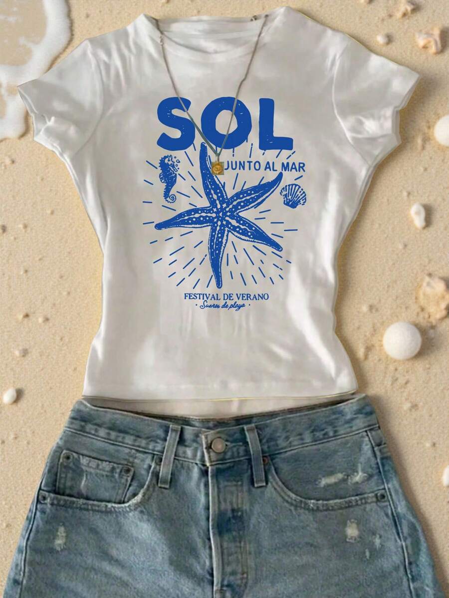 SHEIN 少女休闲时尚创意海星、海马、海洋生物、贝壳主题趣味印花修身短袖白色T恤 女式夏季T恤 女式沙滩T恤 婴儿T恤 白色短款T恤 海星图案T恤 - 白色 - 查看 1