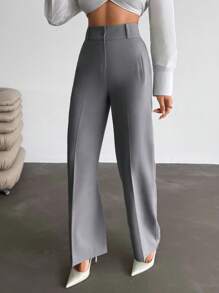 EURMUSE Women Pocket Detailed Long High Waist Elegant Woven Pants - Grey - View 3
