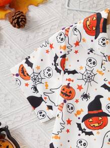 男童休闲时尚万圣节卡通鬼魂和南瓜印花短袖衬衫和短裤睡衣套装