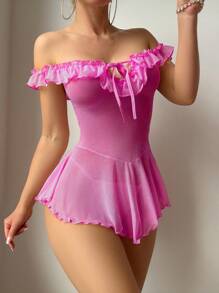SHEIN Váy ngủ màu hồng nhạt bán trong suốt có viền cổ bèo nhún cho nữ Váy ngủ màu hồng Babydoll Đồ ngủ trong suốt xếp nếp màu hồng, Đi chơi - Màu Hồng Tươi - Xem 4