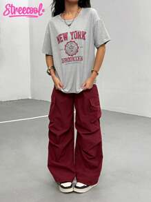 2件套青少年女孩夏季休闲字母印花圆领短袖T恤和工装裤套装 - 酒紅色 - 查看 3